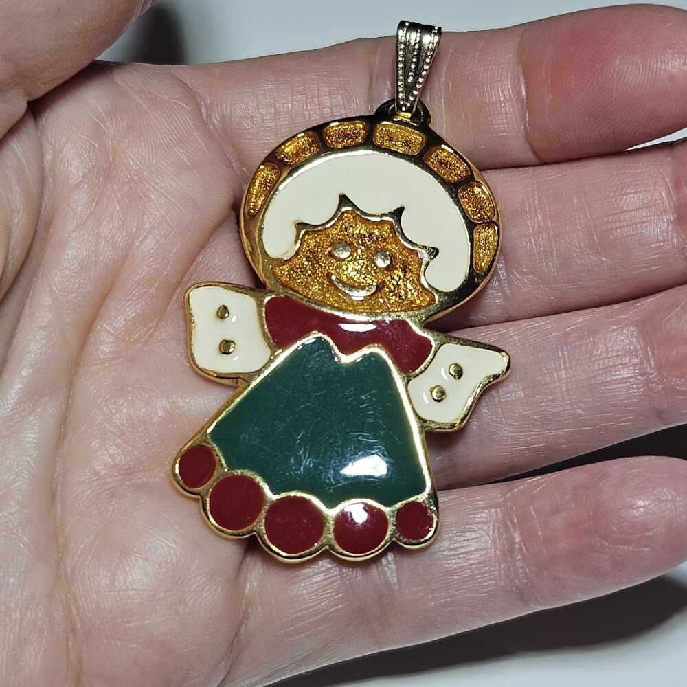 Wallace Silversmiths Vintage Gold Tone Red Green Cream Angel Ornament Pendant